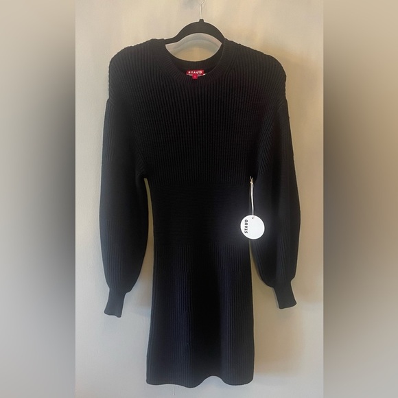 STAUD dress Marylebone balloon sleeve ribbed knit mini dress NWT black S $245- - Picture 8 of 12